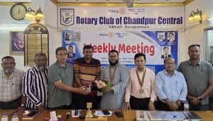রোটারি ক্লাবের সভাপতি রোটারিয়ান আব্দুল্লাহ আল মামুনকে চাঁদপুর সেন্ট্রাল রোটারি ক্লাবের সংবর্ধনা